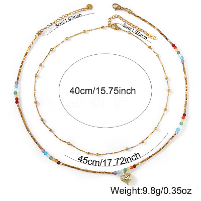 Rainbow Natural Mixed Stoned Beaded Double Layer Necklaces with Stainless Steel Heart Pendant for Beach Vacation KB9378-1-1