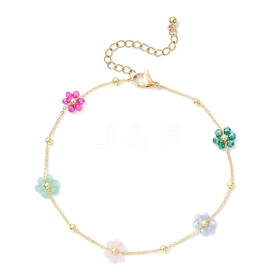 Brass & Glass Beaded Flower Link Chains Anklets AJEW-AN00730-1