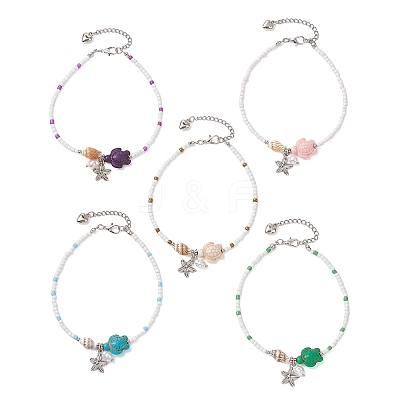 Summer Beach Dyed Synthetic Turquoise Turtle and Glass Seed Beaded Alloy Starfish Charm Anklets AJEW-AN00775-1