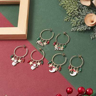 3 Pairs 3 Style Christmas Snowman & Moon & Word Noel Alloy Enamel Dangle Stud Earrings EJEW-TA00221-1
