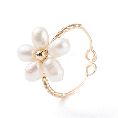 Flower Copper Wire Wrapped Pearl Finger Rings RJEW-TA00027-1