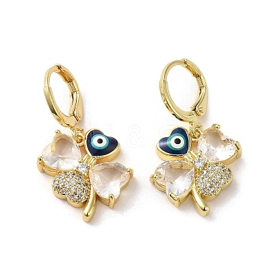Clover with Evil Eye Golden Brass Dangle Leverback Earrings EJEW-Q797-20G-1