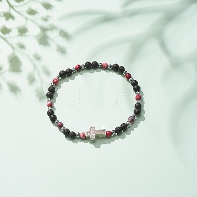 Natural & Synthetic Mixed Gemstone Beaded Stretch Bracelet with Clear Cubic Zirconia Cross for Women BJEW-JB08247-1