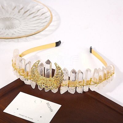 Raw Natural Quartz Crystal & Metal Hollow Moon Hair Bands PW-WG56296-02-1