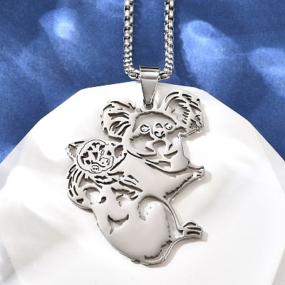 201 Stainless Steel Laser Cut Mother and Baby Koala Pendant Box Chain Necklaces for Women Men NJEW-E156-01P-1