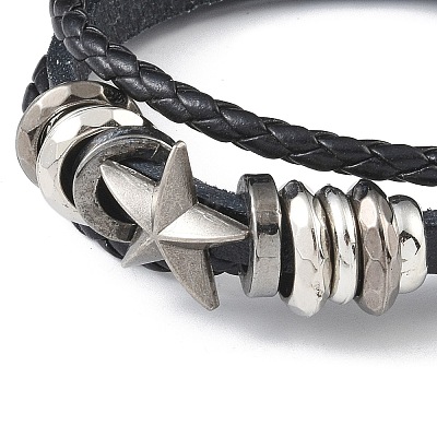 PU Leather & Waxed Cords Triple Layer Multi-strand Bracelets BJEW-G709-01B-1