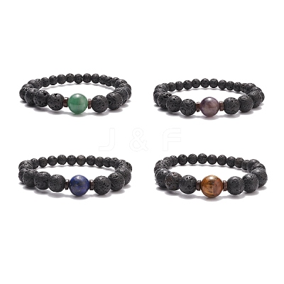 Natural Lava Rock & Coconut Stretch Bracelet with Gemstone Beads BJEW-JB08220-1