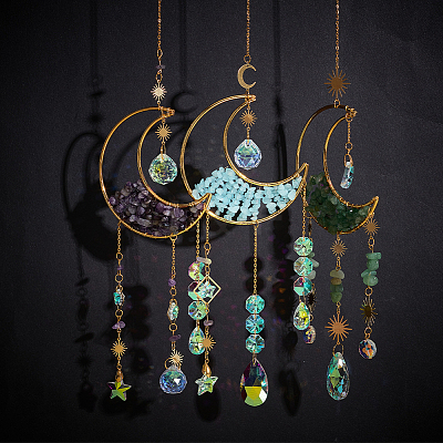 1Pc Alloy & Natural Gemstone Chips Moon Hanging Ornaments HJEW-BBC0001-17A-1