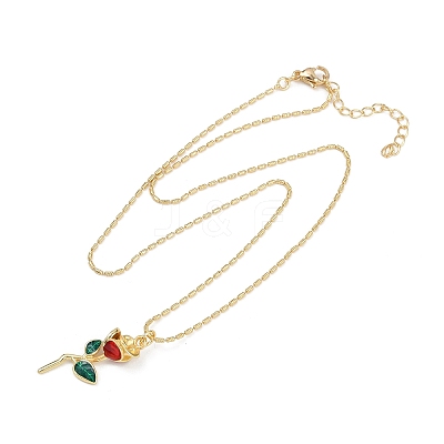 Brass FireBrick Enamel Rose Pendant Necklaces for Women NJEW-U042-01A-G-1