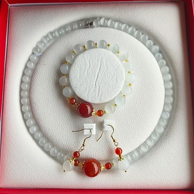 Cat Eye Round Beaded Necklaces & Beaded Bracelets & Dangle Earrings Sets WGE6446-08-1