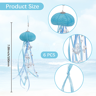 3Pcs Natural Shell Sea Urchin Jellyfish Hanging Ornaments with Crystal and Ribbon HJEW-WH20019-04-1