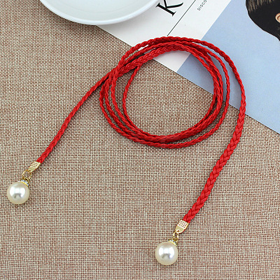 Imitation Leather Braided Belly Belt with Plastic Imitation Pearl Round Bead WG11EBA-02-1