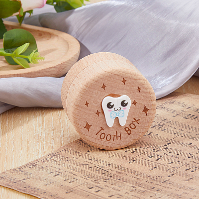 Round Printed Wood Baby Tooth Keepsake Cases with Lids CON-WH0099-75B-1