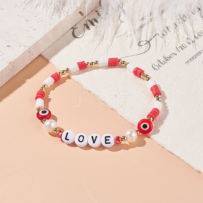 Love Word Acrylic & Heishi Polymer Clay Beaded Stretch Bracelets BJEW-TA00069-01-1