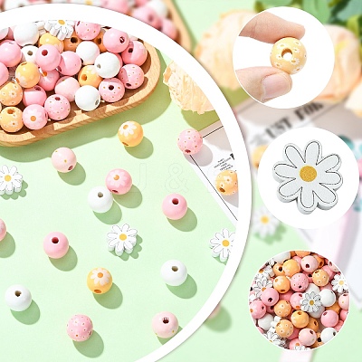 Flower & Round Natural Wooden Beads WOOD-YW001-76-1