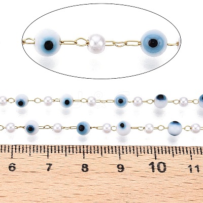 Handmade Evil Eye Lampwork & Imitation Pearl Beads Chains CHS-T006-16G-1