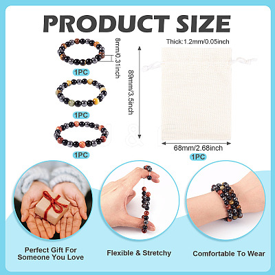 3Pcs 3 Styles 8MM Round Natural Tiger Eye & Black Onyx & Black Obsidian & Synthetic Non-Magnetic Hematite Beads Stretch Bracelets for Women Men BJEW-TA0001-20-1