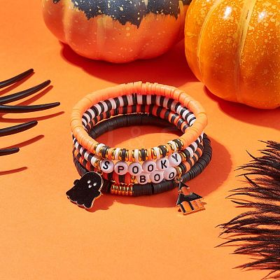 4Pcs 4 Style Polymer Clay Heishi Surfer Stretch Bracelets Set with Word Spooky Boo Acrylic Beads BJEW-TA00127-1