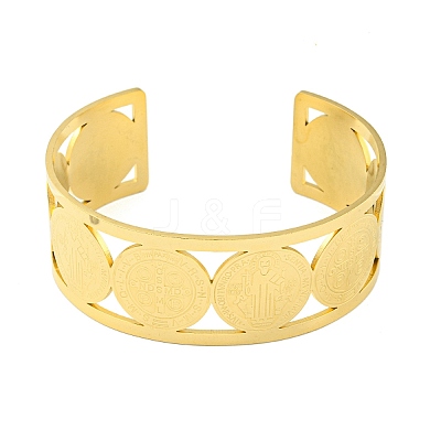 304 Stainless Steel Wide Hollow Saint Benedict Medal Open Cuff Bangles LS-BJEW-S154-01G-1