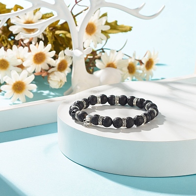 Natural Lava Rock Round Beaded Stretch Bracelet with Alloy Skull BJEW-JB07865-01-1