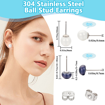 6 Pairs 2 Style Shell Pearl Ball Stud Earrings EJEW-BBC0001-34-1