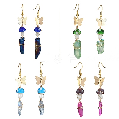 4 Pairs 4 Color Dyed Natural Quartz Crystal Nugget & Mushroom Lampwork Dangle Earrings EJEW-TA00335-1