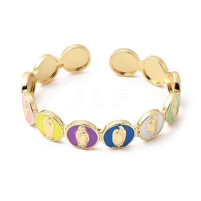 Brass Enamel Colorful Oval with Virgin Mary Open Cuff Bangles BJEW-K296-01G-1
