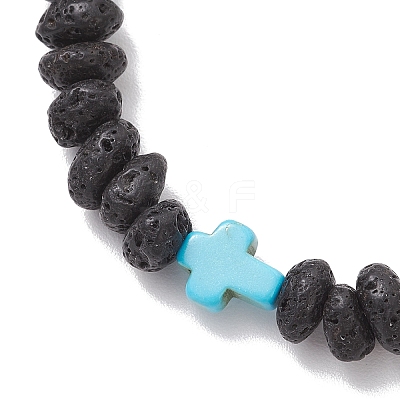 Synthetic Turquoise Cross & Natural Lava Rock Nuggets Beaded Bracelets BJEW-JB12193-02-1