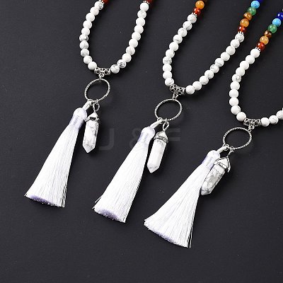 Natural Howlite Bullet & Tassel Pendant Necklace with Mixed Gemstone Beaded Chains NJEW-E585-02H-1
