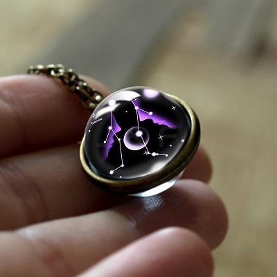 Double Glass Round with Constellation Pendant Alloy Chain Necklaces WG188F6-03-1