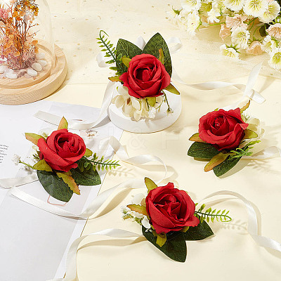 4Pcs Silk Imitation Rose Wrist Corsages AJEW-CP0008-46-1