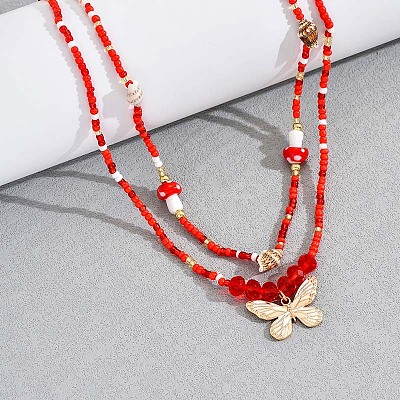 Resin Mushroom & Natural Shell & Glass Seed Beaded Alloy Butterfly Charm Double Layer Stretch Waist Chains for Women FS-WGE52BD-01-1