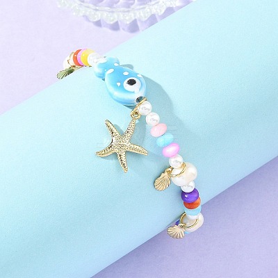 Ocean 304 Stainless Steel Starfish Shell Shape Charm Bracelets BJEW-JB14275-1
