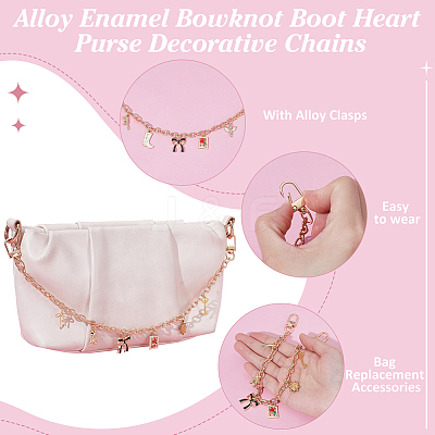 2Pcs 2 Styles Alloy Enamel Bowknot Boot Heart Purse Decorative Chains HJEW-UN00084-1