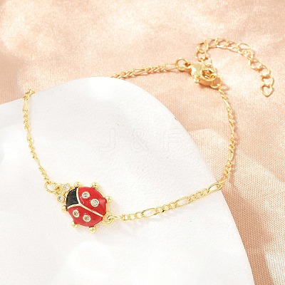 Brass Pave Cubic Zirconia Enamel Red Ladybug Link Bracelets for Women KK-CBA68DA-03G-1