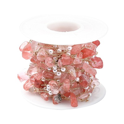 5M Natural Rose Quartz Nuggets & ABS Plastic Pearl Beaded Chains CHC-CJ0001-77-1