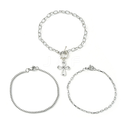 3Pcs 3 Style 316 Surgical Stainless Steel Box & Venetian Chain Bracelets Set with Corss Charms BJEW-FS0001-07-1