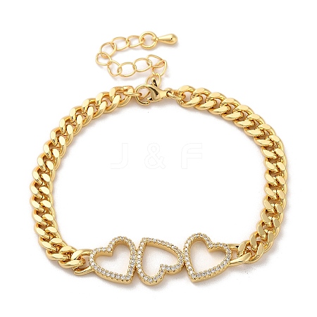 Brass Micro Pave Clear Cubic Zirconia Triple Hollow Heart Cuban Link Chains Bracelets for Women BJEW-M322-05G-A-1