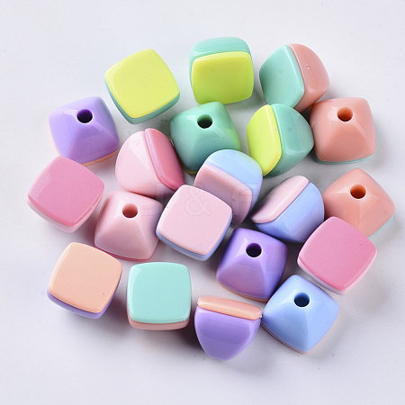  Jewelry Beads Findings Opaque Acrylic Beads, Two Tone, with Square Flat Plate, Half Drilled, Pyramid, Mixed Color, 15.5x15.5x14mm, Half  Hole: 3.5mm