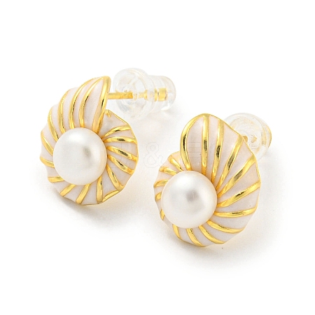 Brass Conch Stud Earrings with Natural Pearl EJEW-Z020-10G-1