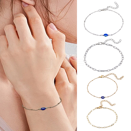 2Pcs 2 Style Brass Paperclip Chains & 304 Stainless Steel Satellite Chains Bracelets Set BJEW-LP0001-27-1