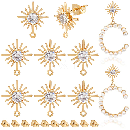 BENECREAT 10Pcs Brass Micro Clear Cubic Zirconia Sun Stud Earring Findings KK-BC0001-97-1