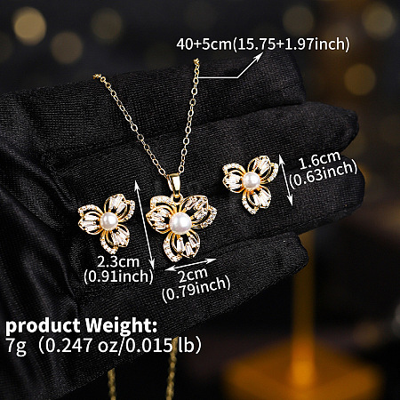 Brass Clear Cubic Zirconia Pendant Necklace & Stud Earrings Sets for Women FS-WGA251C-06-1