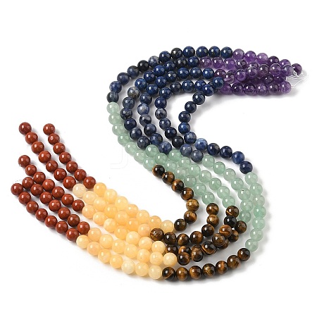 Chakra Natural Red Jasper & Yellow Jade & Green Aventurine & Tiger Eye & Sodalite & Amethyst Beads Strands G-NH0002-E02-8mm-1