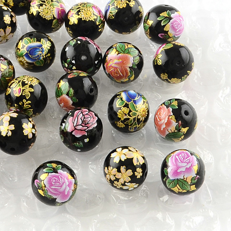 Rose Flower Pattern Printed Round Glass Beads GFB-R004-10mm-M21-1