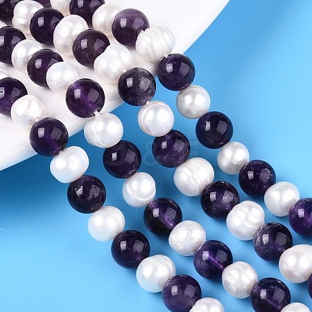 Natural Amethyst Round & Natural Cultured Freshwater Pearl Grooved Potato Beads Strands PEAR-N019-11-1