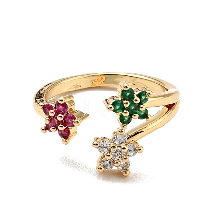 Colorful Cubic Zirconia Flower Open Cuff Ring RJEW-G251-12G-1