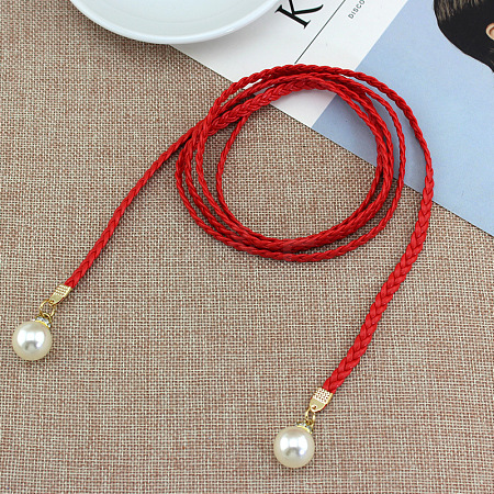 Imitation Leather Braided Belly Belt with Plastic Imitation Pearl Round Bead WG11EBA-02-1
