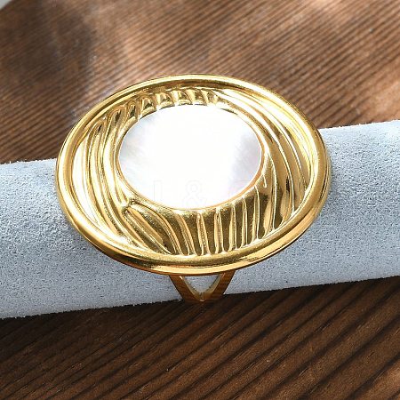 Flat Round 304 Stainless Steel White Shell Finger Rings for Women RJEW-G346-05G-02-1