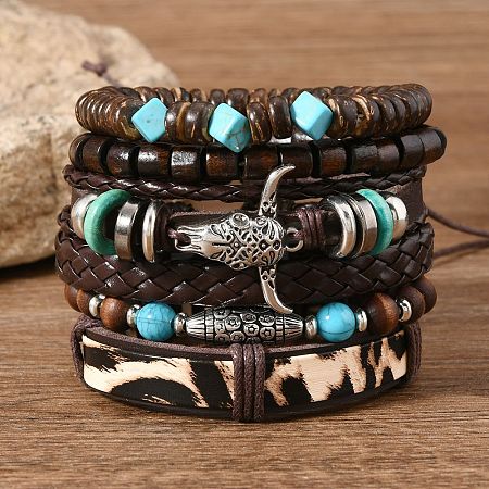 6Pcs 6 Styles Wood & Synthetic Turquoise Beaded Stretch Bracelets & Alloy Synthetic Turquoise Link Bracelets & Retro PU Leather Cord Bracelets for Men's FS-WG129F8-05-1